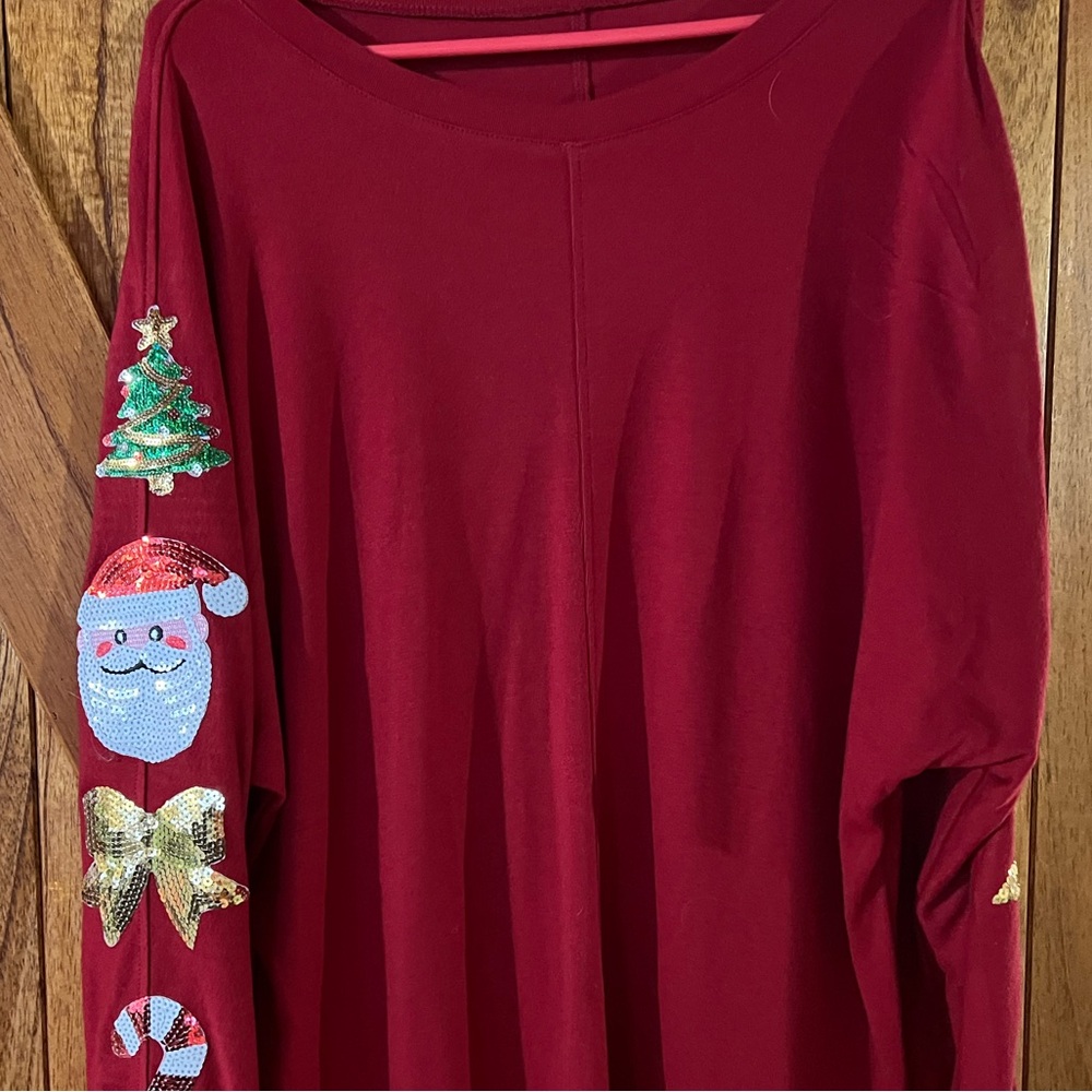 Festive Red Long Sleeve Top with Holiday Patches